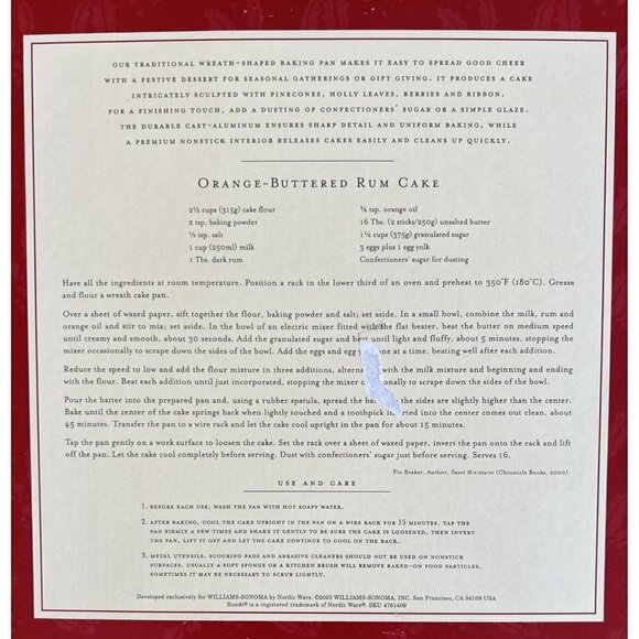 WILLIAMS SONOMA Nordic Ware Wreath Bundt Cake Pan In Box Christmas Holiday 2003 - Picture 3 of 3